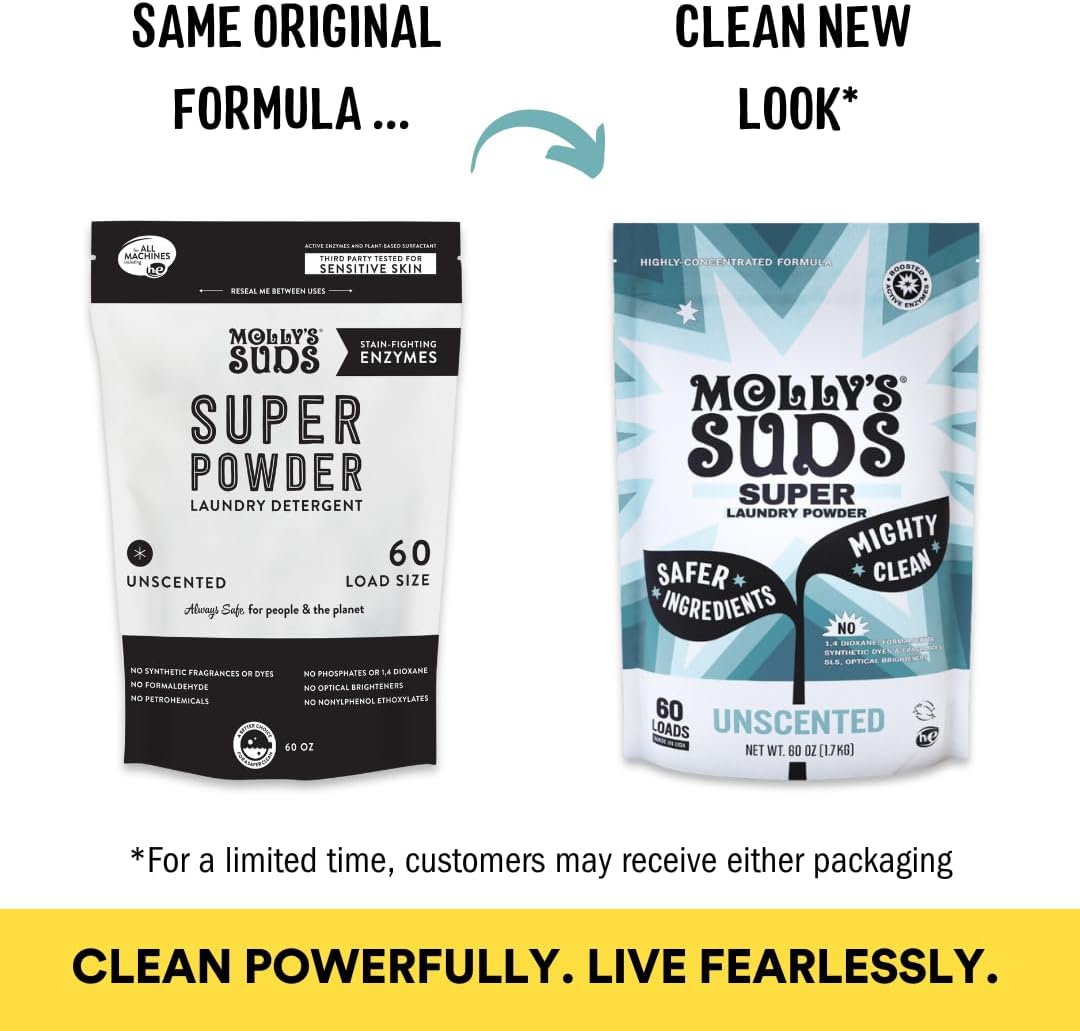 Molly's Suds Unscented Super Powder Detergent | Extra Strength Laundry Soap, Stain Fighting | Sensitive Skin | Simple, Effective Ingredients | 120 Loads Total (2 Pack)