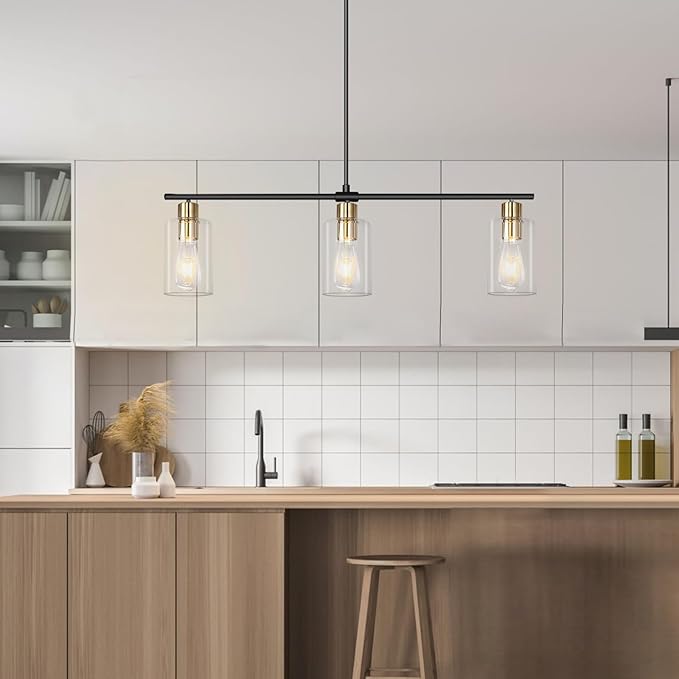 Kitchen Island Lighting, 3 Lights Linear Farmhouse Chandelier, Black and Gold Dining Room Light Fixture with Glass Shades, Modern Industrial Pendant Lights