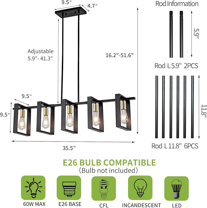 Farmhouse Kitchen Island Lighting Black Dining Room Lights Ceiling Hanging Rustic 5 Lights Wood Chandelier Light fixtures 41.3" Height Adjustable