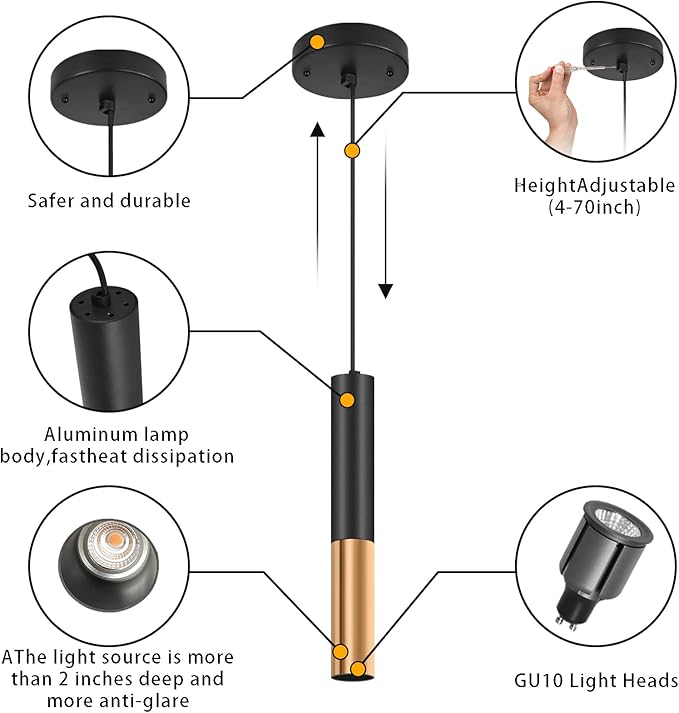 Modern Black Pendant Light Fixture for Kitchen Island, 1-Light Pendant Lighting, Lights Cord Adjustable, Matching GU10 lamp Holder,for Living Room Bedroom Dining Room (Black&Gold-3Pack)