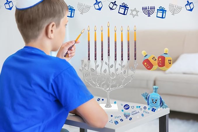 The Dreidel Company 24-Pack Dripless Chanukah Hanukkah Candles Decorative Purple, Blue, Orange, with Orange Frosted Stripes, 45 Candles per Box