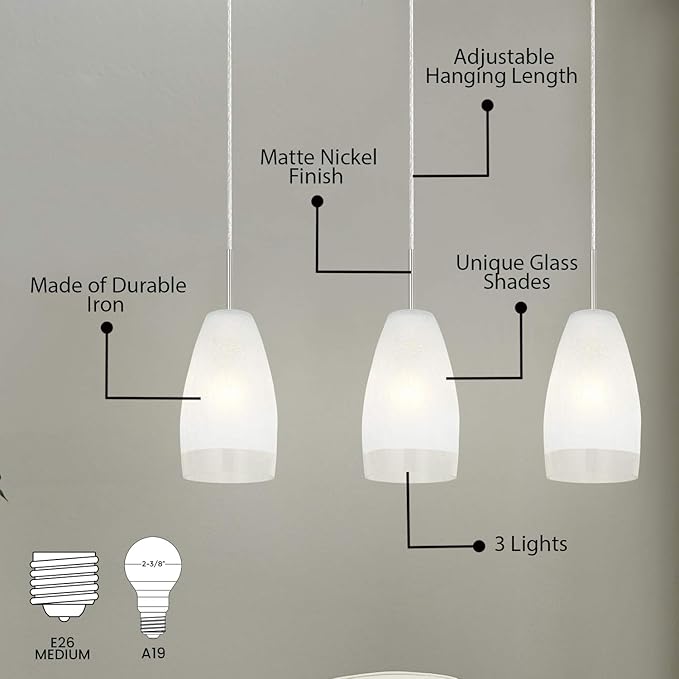 EGLO Crash 3-Light Pendant Hanging Lighting Fixture with Crackle Glass Shades for Kitchen Island, Hallway, and Dining Room, 59-Inch, Matte Nickel