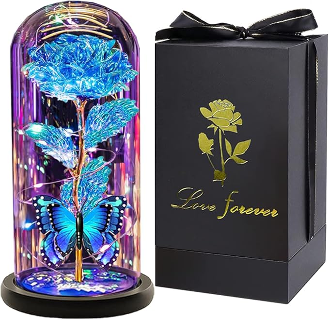 Christmas Flowers Gifts for her Women Mom Wife,Womens Gifts for Christmas, Rose Flowers Gift Light Up Rose in Glass Dome,Birthday Gifts for Woman Blue