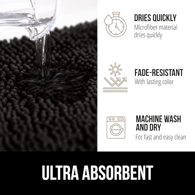 GORILLA GRIP Bath Rug Mat 70x24, Thick Soft Absorbent Chenille, Quick Dry Microfiber Mats, Rubber Backing Washable Shower Floor Rugs, Bathmat Runner, US Designed Bathroom Home Decor Accessories Black