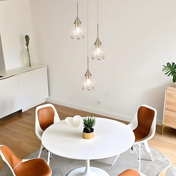 3-Light Island Light for Kitchen, Brushed Nickel Kitchen Island Hanging Pendant Light, Brushed Nickel Dining Room Light Fixture Over Table with Clear Round Glass Shade