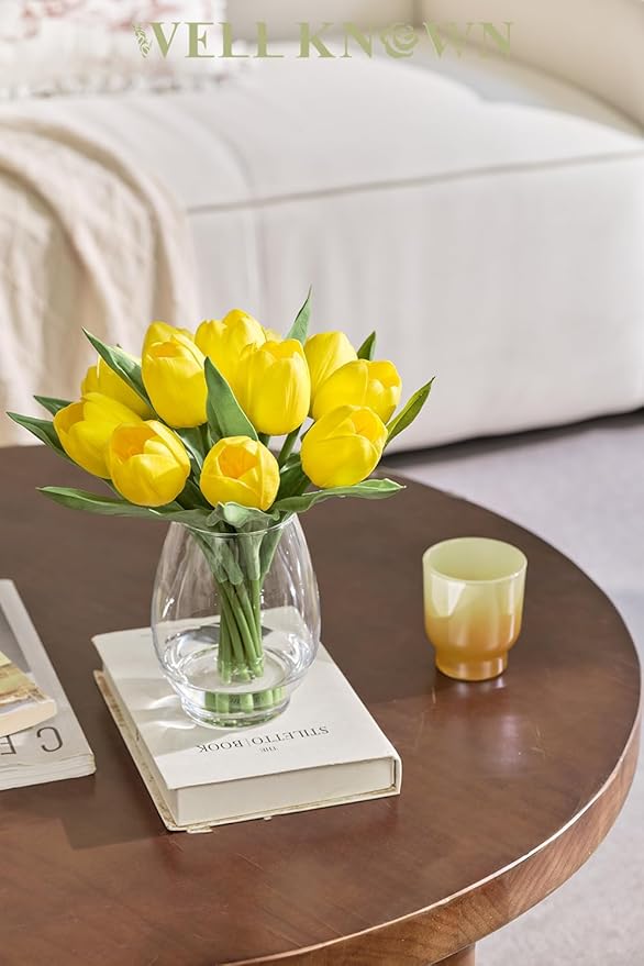 WELL KNOWN 12 Pcs Fake Big Tulips Artificial Flowers in Vase with Faux Water, Real Touch Foam Yellow Flower Arrangement with Glass Vase for Home Wedding Party Decor Dining Table Centerpiece & Gift