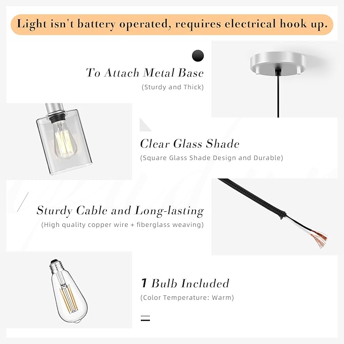 Pendant Light Kitchen Island Lighting 3 Pcs, with Bulb & Clear Glass Shade - 59 Inch Hanging Cord Farmhouse Hanging Lighting Fixture for Dining Room Bedroom Hallway - Brushed Nickel