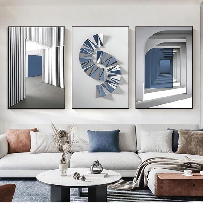 ARTFEB Blue Canavs Wall Art for Living Room 3 Pieces Abstract Blue and White Painting Canvas Print Framed Artwork Set for Bedroom Navy Blue Wall Decor(24" X 32" X 3 pieces)