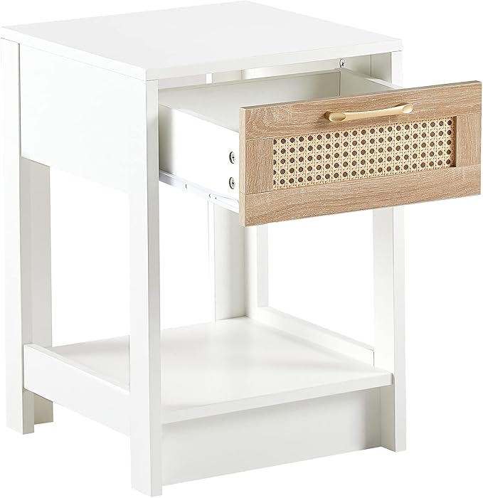 Rattan Nightstand - Wooden Boho End Table with Storage Drawer and Opening Shelf, Bedside Tables Bed Side Table Accent Table for Living Room, Bedroom Small Space