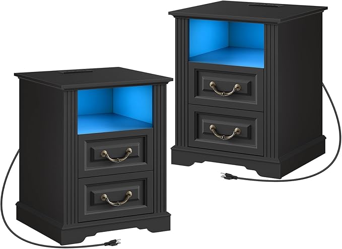 Farmhouse Nightstand Set of 2, Wooden Night Stand with Charging Station, LED Bedside Table with Drawers, Rustic Sofa Side Table, End Table for Bedroom, Living Room, Black