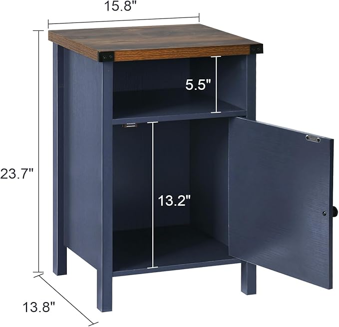 Catrimown Farmhouse Nightstand with Barn Door and Shelf, Side Table, Rustic End Table for Bedroom, Living Room, Navy Blue
