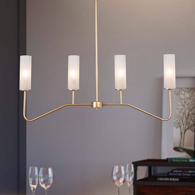 KSANA Gold Chandeliers for Dining Room, 4-Light Modern Pendant Light Fixtures, 32'' Linear Kitchen Island Lighting with Frosted Glass Shade