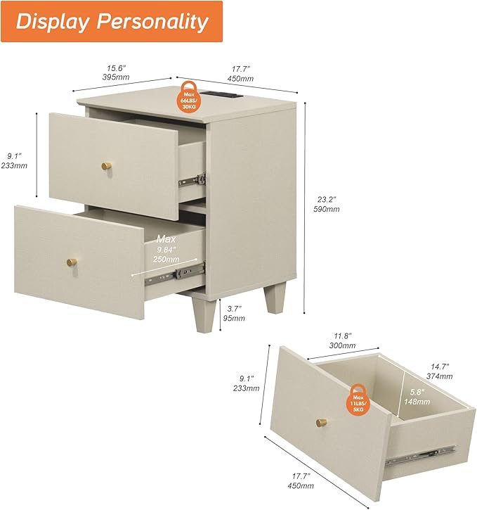 WAMPAT Bedside Table with Charging Station, 2 Drawers, 2 AC Outlets and 2 USB Ports, Nightstand for Bedroom, Modern Mid-Century End Table with USB Hub for Living Room, Beige Linen Printed Finish