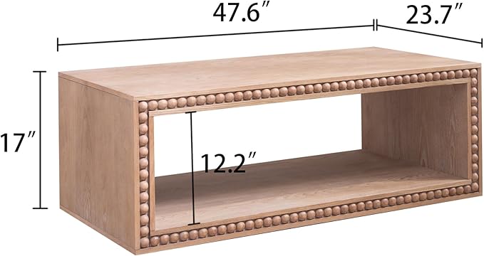 Rectangular Coffee Table with Real Wood Beads, Rustic Wooden Center Table with Open Storage Shelf, Farmhouse Tea Table for Living Room Apartment Office,47.6" L x 23.7" W x 17" H