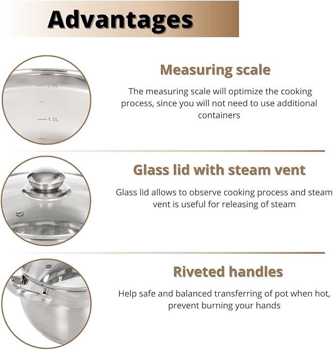 Daniks Classic 4 Quart Stainless Steel Stock Pot with Glass Lid, Tri-Ply Bottom for Even Heating, Induction Compatible, Dishwasher Safe