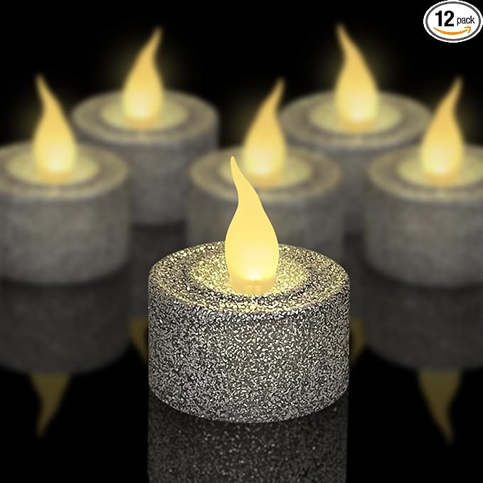 FURORA LIGHTING Silver Glitter LED Tealight Candles Pack of 12, Flameless Flickering Tealight Candles for Home Décor, 1.5’’(W) x 1.65’’(H), Battery Operated