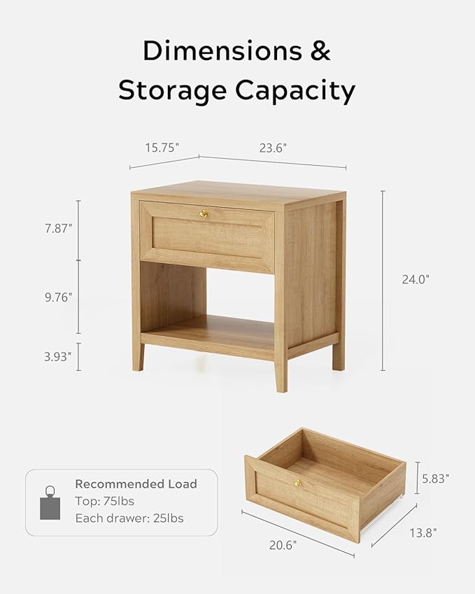 Nightstand with Storage Drawer, Farmhouse Large Bedside End Table with Open Shelf, Modern Wood Night Stand for Sofa, Bedroom, Natural Oak