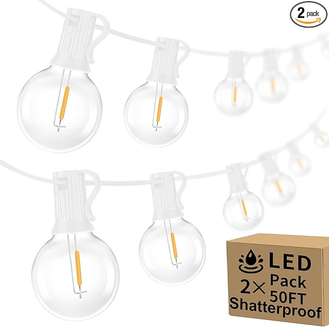 100ft Outdoor G40 LED Globe String Lights Dimmable Shatterproof Waterproof Light Strings with 52 Bulbs Connectable Commercial Hanging Lights for Patio Balcony Backyard Party (White Wire, 2-Pack)