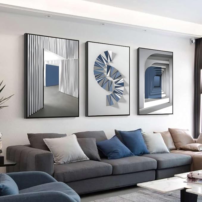 ARTFEB Framed Canvas Blue White Abstract Wall Art Set of 3, Large Modern Art Print, Neutral Minimalist Wall Decor for Living Room Bedroom Home Office(Black, 16" X 24" X 3 pieces)