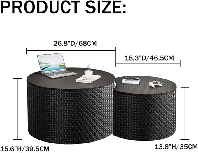 Nesting Coffee Table Set of 2 Modern Round Coffee Table with Hidden Storage Round Side Table Drum Accent End Tables for Living Room, Bedroom (Black)