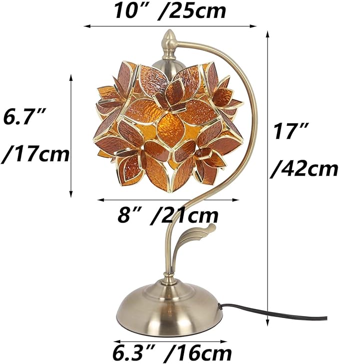 Bieye L11008 Tiffany Style Stained Glass Flower Petal Table Lamp with Brass Base for Home Décor (Amber, 8" Rose Lily)