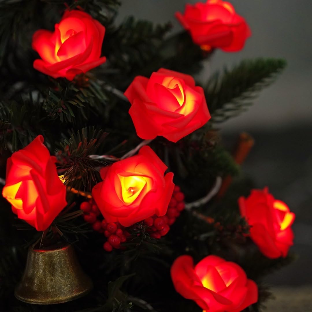 Everlasting Splashes LED Rose Flower Fairy String Lights Battery Operated Warm Flashing Light Romantic Proposal Wedding Birthday Christmas Thanksgiving DIY Indoor Outdoor Decorations (Red&Soft White)