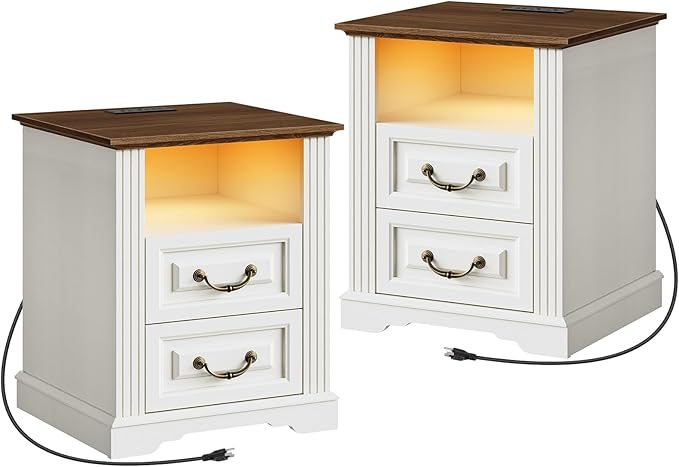 Farmhouse Nightstand Set of 2, Wooden Night Stand with Charging Station, LED Bedside Table with Drawers, Rustic Sofa Side Table, End Table for Bedroom, Living Room, White and Walnut