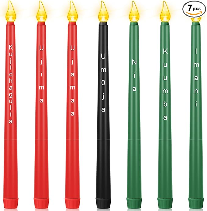 Riakrum 7 Pieces Kwanzaa Candles Set Kwanzaa Flameless Taper Candles Battery Operated for Church Celebration Decoration(10.83 Inches,Words)