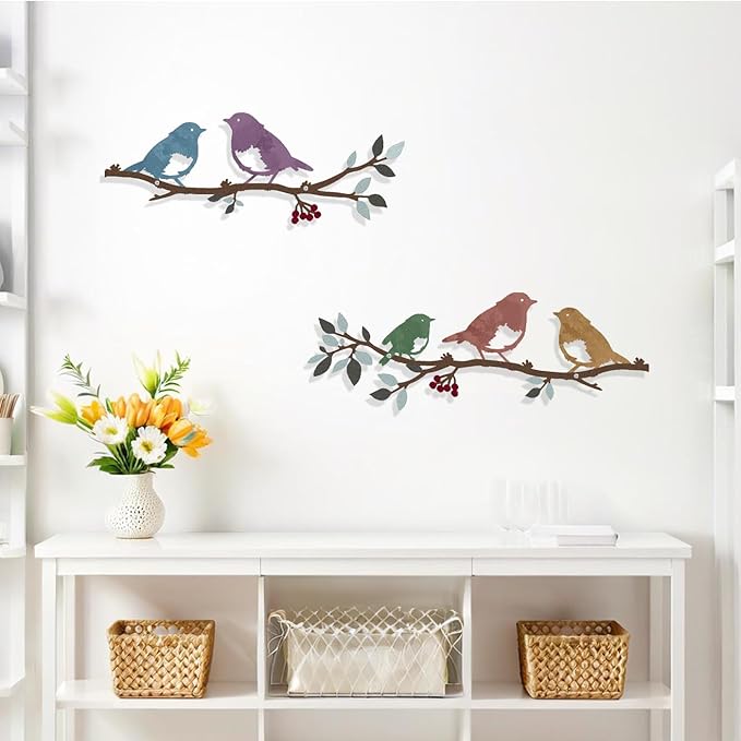 Harikikochuu 2 Pcs Metal Birds Wall Art Decor Robin Bird on the Branch Silhouette Art Metal Decorative Birds Hanging Wall Sculpture for Outdoor Balcony Garden Porch Décor(Colorful)
