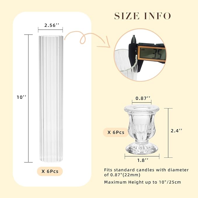 CHILL RECIPE Glass Hurricane Candlestick Holders Ribbed 12" Tall Cylinder Candle Holder Chimney Tube, Floral Taper Crystal Candle Stick Holder for Birthday Wedding Christmas Home Decor(1 Set 6Pcs)