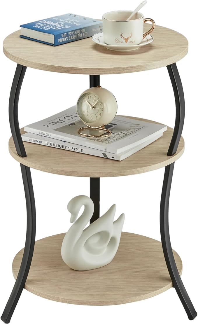 Round Side Table, 3-Tier End Table with Storage Shelf for Narrow and Small Spaces, Round Sofa Table Vintage Corner Tables for Living Room,Bedroom Nightstand/Oak