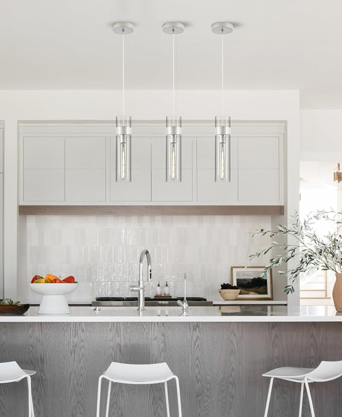Pendant Lights Kitchen Island (Bulb Included), Brushed Nickel Adjustable Modern Glass Pendant Light Over Island, Industrial Pendant Light Fixtures for Dining Room Hallway Bedroom Living Room