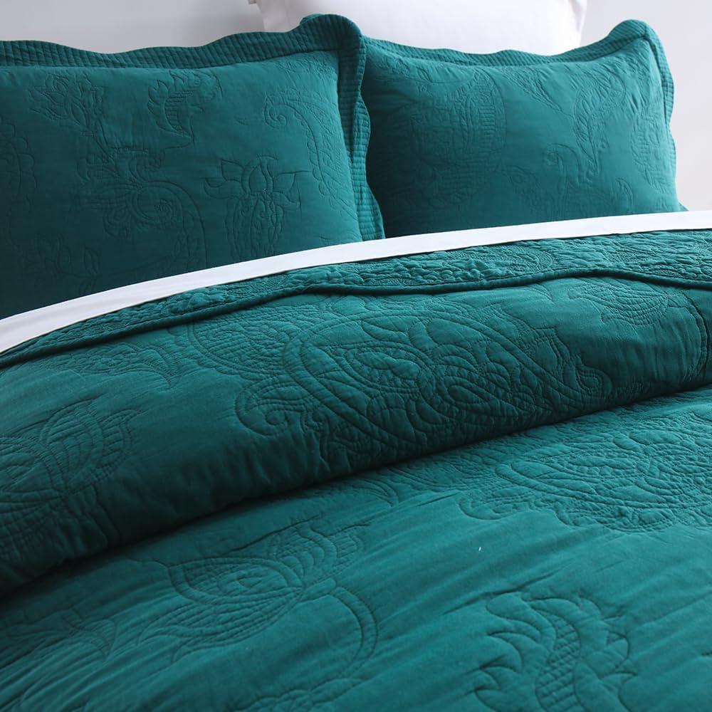Cotton Bedspread Quilt Sets, Real Patchwork Bedding Sets with Luxury Floral Paisley Pattern, 3 Pieces Reversible Soft Lightweight Coverlet for All Season, Turquoise, King Size
