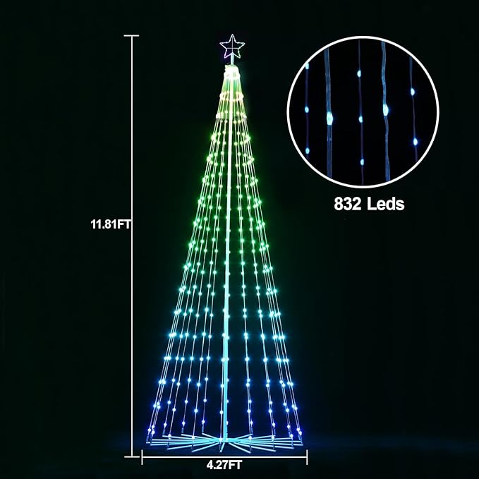 Outdoor LED Christmas Tree 12ft, 832 LED RGB Smart Christmas Tree with Music Sync, APP & Remote Control, DIY Multi-Color Light Show, Waterproof IP44 for Yard Lawn Patio Holiday Decorations