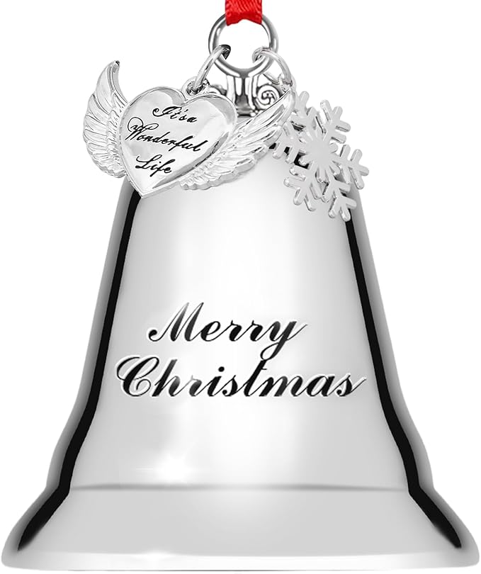 Styleonme Christmas Bell Ornament 2025 – Heart-Shaped Angel Wings with Snowflakes, Inspired by It's a Wonderful Life, Silver Holiday Decoration
