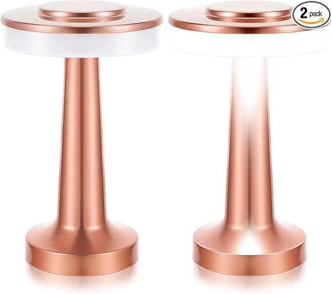 Riakrum 2 Pcs LED Portable Cordless Table Lamp with Touch Sensor 3 Color Stepless Dimming Rechargeable Battery up to 15 Hours Cordless Table Light Wireless Lamp for Nursery (Rose Gold)