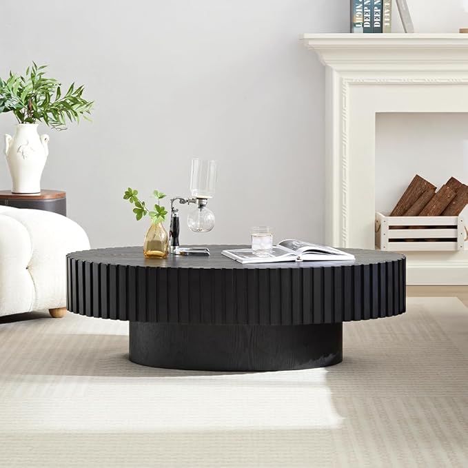 WILLIAMSPACE 43.7" Oval Coffee Table, Modern Luxury Wood Drum Center Table for Living Room, Handcraft Accent Side End Table for Apartment, 43.7"*24.8"*13.78"H (Black)