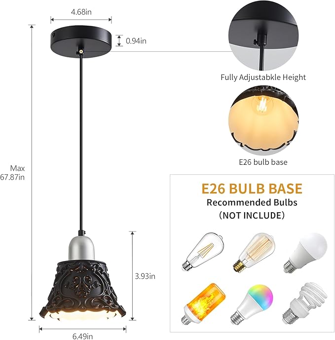 Black Pendant Lights for Kitchen Island, French Vintage Resin Ceiling Hanging Lights Mini Chrome Pendant Light Fixture for Dining Room Bedroom Hallway Bar