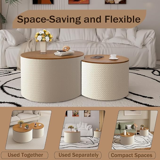 Nesting Coffee Table Set of 2 Modern Round Coffee Table with Hidden Storage Round Side Table Drum Accent End Tables for Living Room, Bedroom (White)