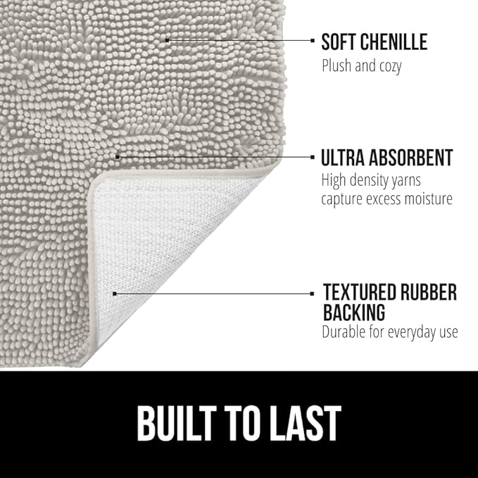 GORILLA GRIP Plush Absorbent Shaggy Chenille Bath Rug Mat for Oval Toilet Base with Rubber Backing, Machine Washable Rugs, Soft Microfiber Contour Mats for Toilets, Bathroom Decor, Lt Gray