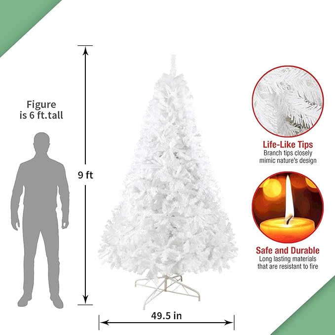 9FT Artificial Christmas Tree, Full Premium Hinged Artificial Pine Tree with Sturdy Metal Stand 1850 Branch Tips,White