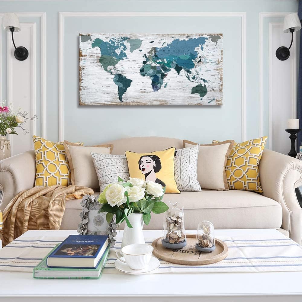 Teal Decor World Map Canvas Wall Art Pictures for Living Room Decoration Blue Wall Decor Office World Map Art Map of the world Picture Framed Artwork for Home Bedroom Decoration 20"x40"