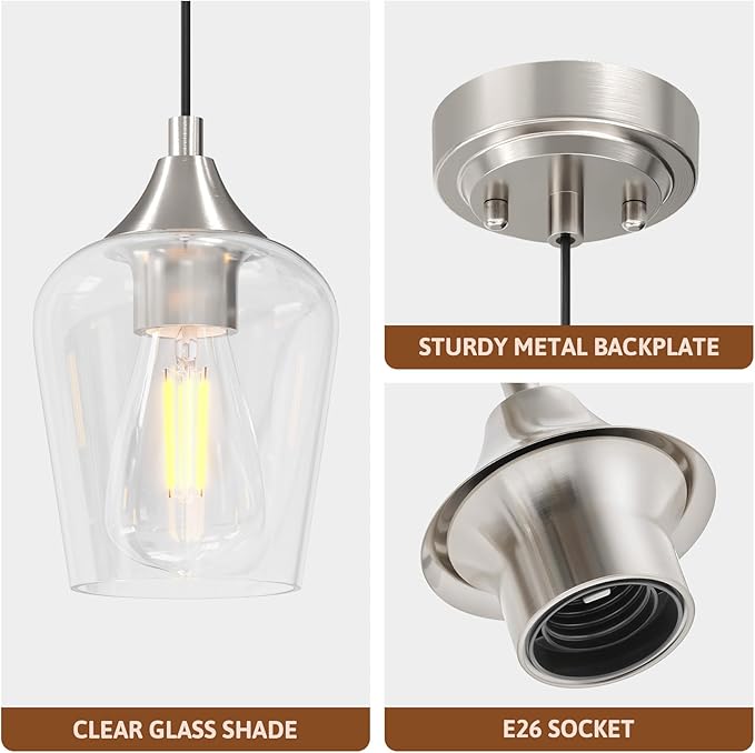 VONLUCE Pendant Lights Kitchen Island, Brushed Nickel Pendant Light Fixtures with E26 Base & Adjustable Cable, Modern Pendant Lighting with Glass Shade for Living Room Bedroom Hallway, 2 Packs