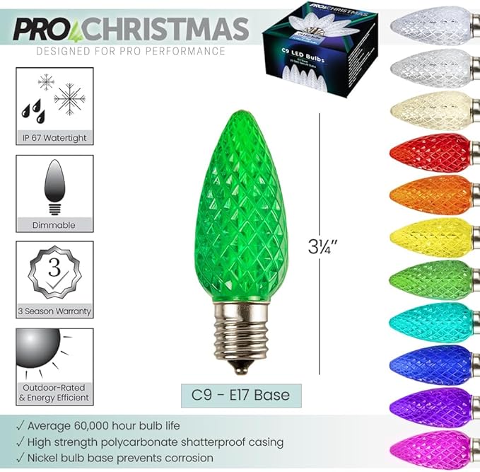 Pro Christmas C9 LED Christmas Light Kit for Rooflines & Pathways – DIY Cut to Length, Outdoor Commercial Grade (Green Wire w/Vampire Plugs, 25 Bulbs, 25 ft) Green