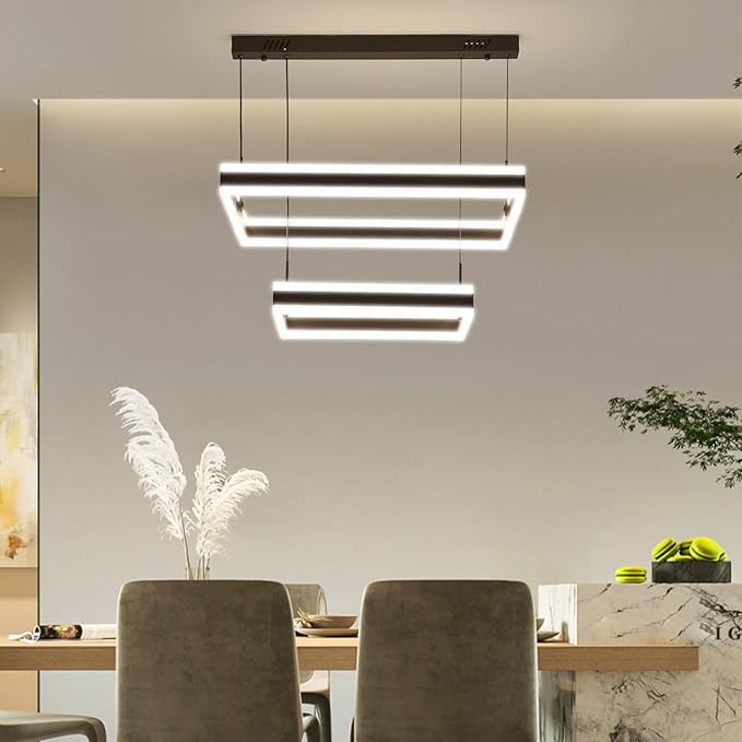 Modern LED Chandelier, Black Pendant Light for Kitchen Island, Adjustable 2 Ring Rectangle Ceiling Lighting Fixture, Dimmable Minimalist Over Table Hanging Light for Living Dining Room, Entryway