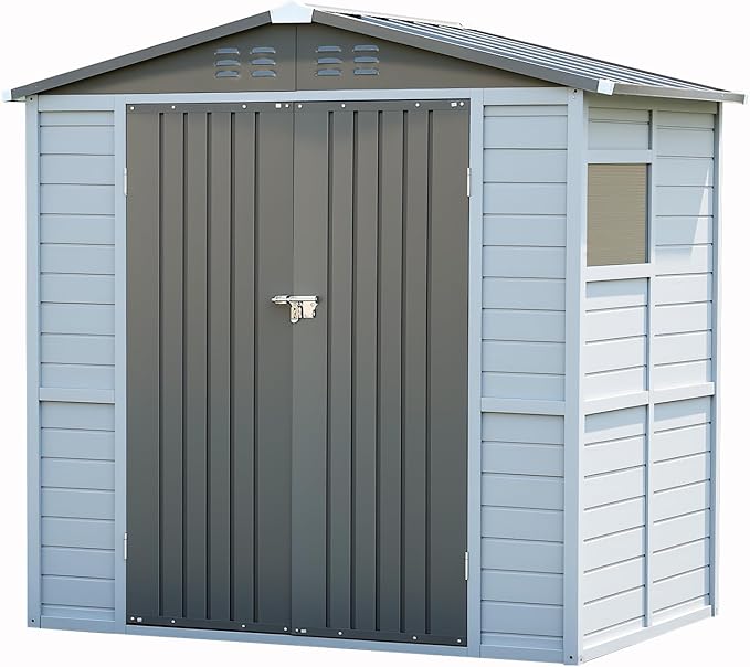 4x6FT Wood & Metal Outdoor Storage Shed, Tool Shed with Sloping Roof and Lockable Door, Shed for Backyard Garden Patio Lawn