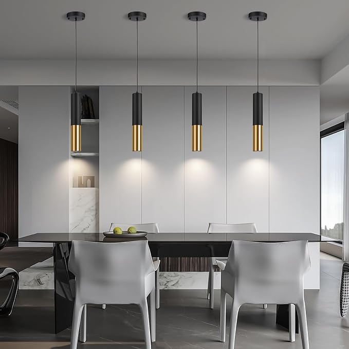 Modern Black and Gold Pendant Light Fixture for Kitchen Island, 1-Light Pendant Lighting with GU10 LED Bulb Ceiling Hanging Lights Cord Adjustable for Living Room Bedroom Dining Room
