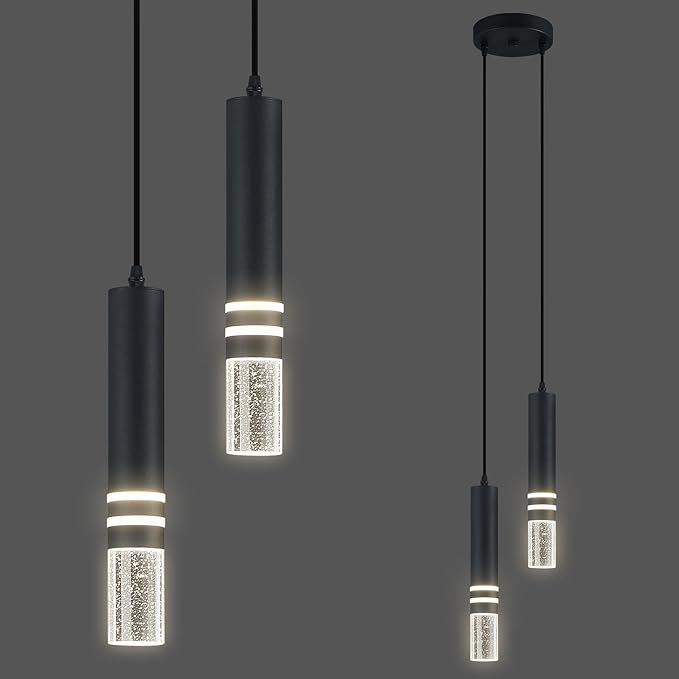 Pendant Lights Kitchen Island, Crystal Pendant Light Fixtures Mini 12W LED Modern Kitchen Pendant Lighting Over Sink and Living Room and Bedroom (Black 2 Light)