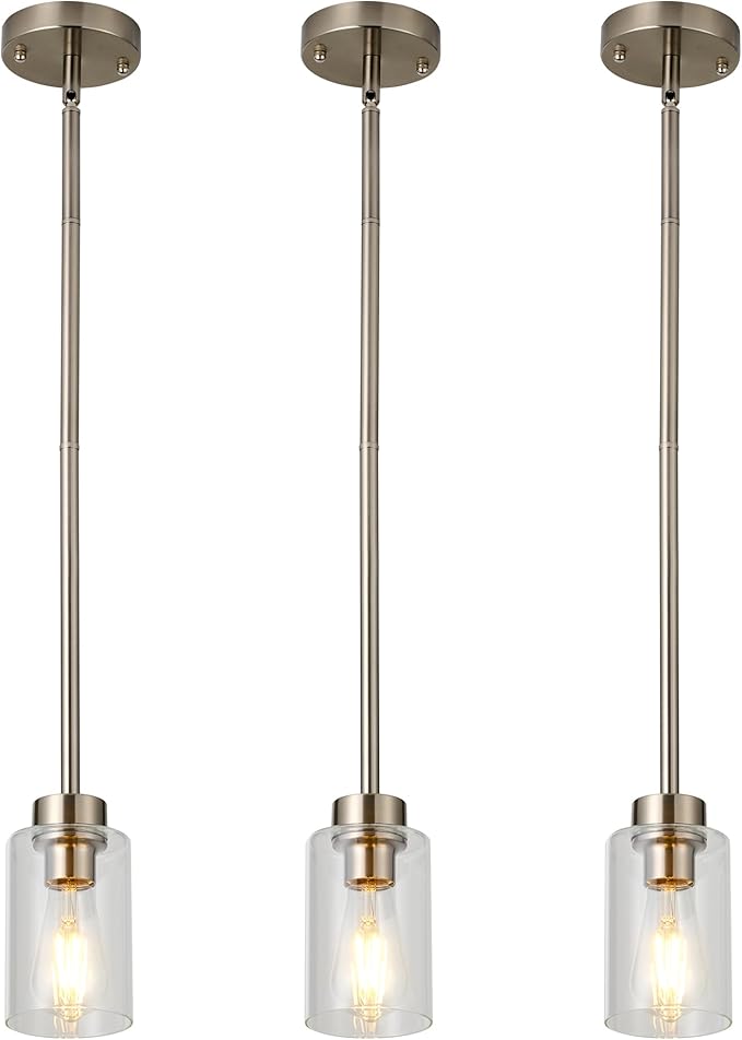 Modern 3 Pack Hanging Pendant Lighting Fixtures Brushed Nickel,Pendant Light Clear Glass Shade, Adjustable Hanging, Kitchen Island, Dining Room, Hallway, Ceiling Lamp
