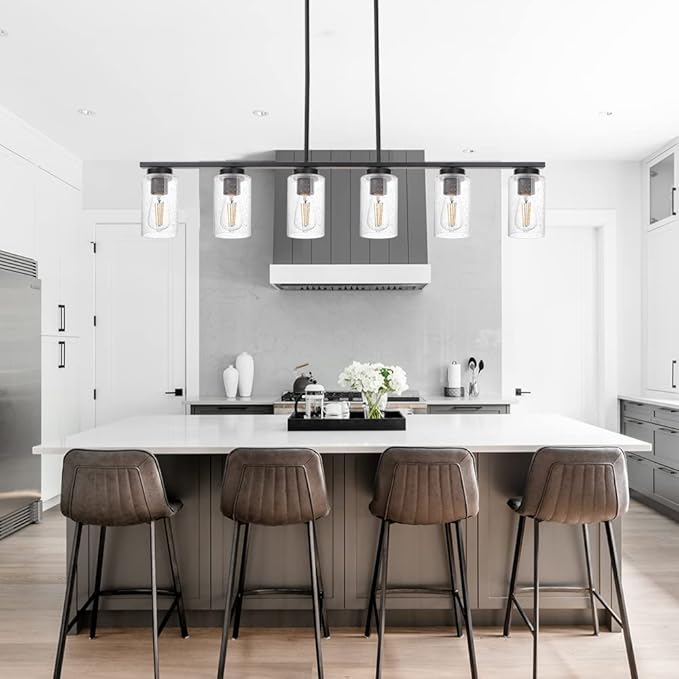 TODOLUZ 6-Lights Kitchen Island Pendant Light Fixture in Black Finish, Linear Hanging Ceiling Lighting Dining Room Chandelier with Seeded Glass Shade
